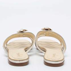 مملوكة مسبقًا Chanel Light Gold Leather Faux Pearl Embellished Flower Flat Slides Size 38