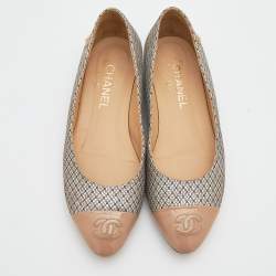 Pre Owned Chanel Beige Metallic Fabric And Patent Leather CC Cap Toe Ballet Flats Size 38.5