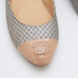 Pre Owned Chanel Beige Metallic Fabric And Patent Leather CC Cap Toe Ballet Flats Size 38.5