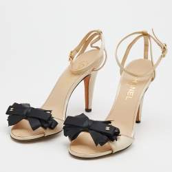 Chanel Light Beige Satin CC Bow Ankle Strap Sandals Size 39