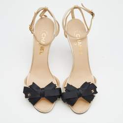 Chanel Light Beige Satin CC Bow Ankle Strap Sandals Size 39