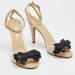 Chanel Light Beige Satin CC Bow Ankle Strap Sandals Size 39