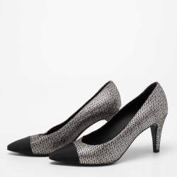 Chanel Metallic Silver/Black Suede And Fabric Pointed Cap Toe Pumps Size 38.5