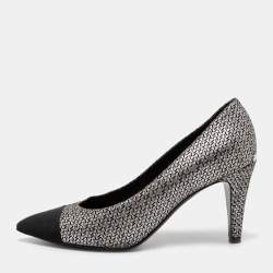 Chanel Metallic Silver/Black Suede And Fabric Pointed Cap Toe Pumps Size 38.5