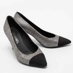 Chanel Metallic Silver/Black Suede And Fabric Pointed Cap Toe Pumps Size 38.5