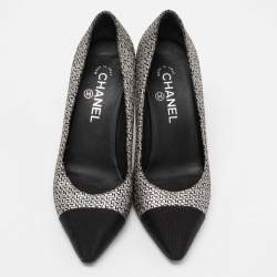 Chanel Metallic Silver/Black Suede And Fabric Pointed Cap Toe Pumps Size 38.5