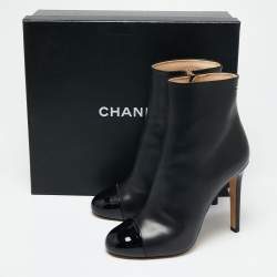 Chanel Black Patent And Leather Cap Toe Ankle Length Boots Size 39