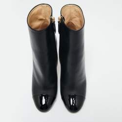 Chanel Black Patent And Leather Cap Toe Ankle Length Boots Size 39