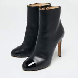Chanel Black Patent And Leather Cap Toe Ankle Length Boots Size 39