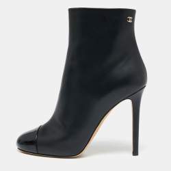Chanel Black Patent And Leather Cap Toe Ankle Length Boots Size 39