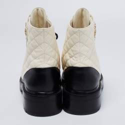 Chanel White/Black Quilted Leather CC Cap Toe Chain Link Logo Combat Boots Size 41