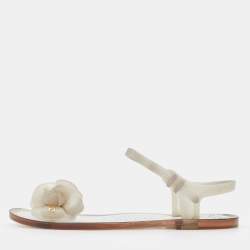 Pre Owned Chanel Grey Jelly Camellia Ankle Strap Thong Flat Sandals Size 36