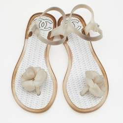 Pre Owned Chanel Grey Jelly Camellia Ankle Strap Thong Flat Sandals Size 36