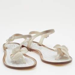 Pre Owned Chanel Grey Jelly Camellia Ankle Strap Thong Flat Sandals Size 36