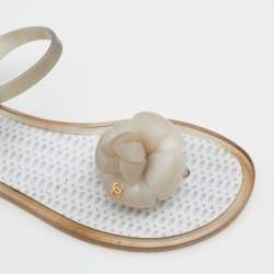 Pre Owned Chanel Grey Jelly Camellia Ankle Strap Thong Flat Sandals Size 36