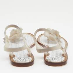 Pre Owned Chanel Grey Jelly Camellia Ankle Strap Thong Flat Sandals Size 36