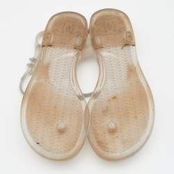 Pre Owned Chanel Grey Jelly Camellia Ankle Strap Thong Flat Sandals Size 36