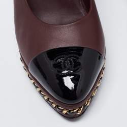 Pre Owned Chanel Burgundy/Black Leather and Patent CC Cap Toe Chain Platform Pumps Size 37.5