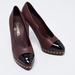 Pre Owned Chanel Burgundy/Black Leather and Patent CC Cap Toe Chain Platform Pumps Size 37.5
