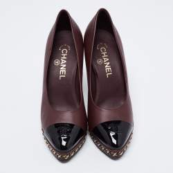 Pre Owned Chanel Burgundy/Black Leather and Patent CC Cap Toe Chain Platform Pumps Size 37.5
