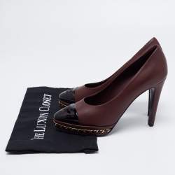 Pre Owned Chanel Burgundy/Black Leather and Patent CC Cap Toe Chain Platform Pumps Size 37.5