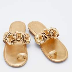Chanel Metallic Gold Leather CC Camellia Slide Flat Sandals Size 36