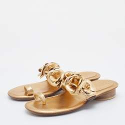Chanel Metallic Gold Leather CC Camellia Slide Flat Sandals Size 36