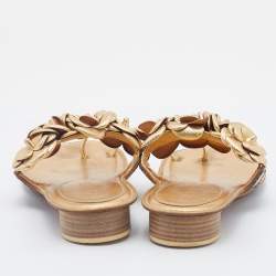Chanel Metallic Gold Leather CC Camellia Slide Flat Sandals Size 36