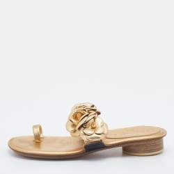 Chanel Metallic Gold Leather CC Camellia Slide Flat Sandals Size 36