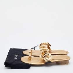 Chanel Metallic Gold Leather CC Camellia Slide Flat Sandals Size 36
