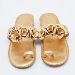 Chanel Metallic Gold Leather CC Camellia Slide Flat Sandals Size 36