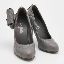 Pre Owned Chanel Grey Quilted Leather Pocket Detail Cap Toe Pumps Size 37