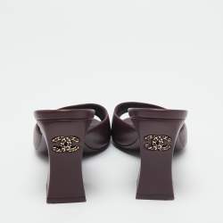 Chanel Burgundy Leather CC Slide Sandals Size 38