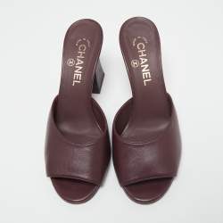 Chanel Burgundy Leather CC Slide Sandals Size 38