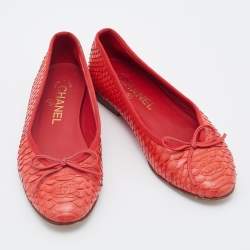 Pre Owned Chanel Orange Python Leather Bow CC Cap Toe Ballet Flats Size 36