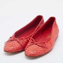 Pre Owned Chanel Orange Python Leather Bow CC Cap Toe Ballet Flats Size 36