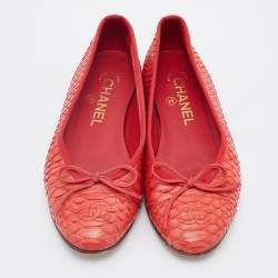 Pre Owned Chanel Orange Python Leather Bow CC Cap Toe Ballet Flats Size 36