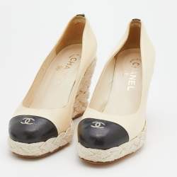 Pre Owned Chanel Cream/Black Leather CC Cap Toe Espadrille Platform Wedge Pumps Size 36.5