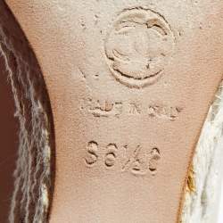 Pre Owned Chanel Cream/Black Leather CC Cap Toe Espadrille Platform Wedge Pumps Size 36.5