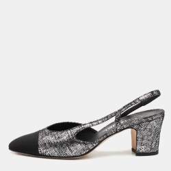مملوكة مسبقًا Chanel Black/Silver Suede and Fabric Cap Toe Slingback Sandals Size 37