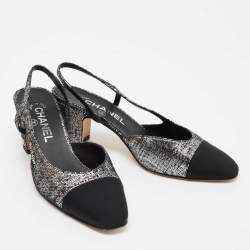 مملوكة مسبقًا Chanel Black/Silver Suede and Fabric Cap Toe Slingback Sandals Size 37