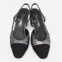 مملوكة مسبقًا Chanel Black/Silver Suede and Fabric Cap Toe Slingback Sandals Size 37