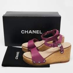 Pre Owned Chanel Purple Leather Wedge Platform Ankle Strap Sandals Size 37.5