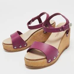 Pre Owned Chanel Purple Leather Wedge Platform Ankle Strap Sandals Size 37.5