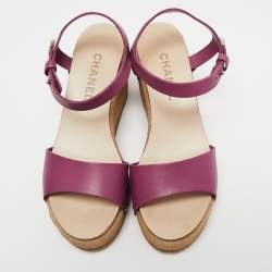 Pre Owned Chanel Purple Leather Wedge Platform Ankle Strap Sandals Size 37.5