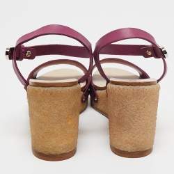 Pre Owned Chanel Purple Leather Wedge Platform Ankle Strap Sandals Size 37.5