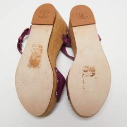 Pre Owned Chanel Purple Leather Wedge Platform Ankle Strap Sandals Size 37.5