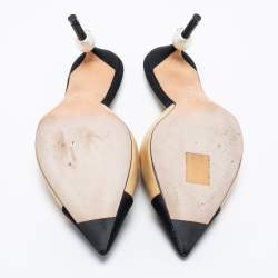 مملوكة مسبقًا Chanel Beige/Black Leather and Canvas CC Pearl Embellished Heel Mules Size 37