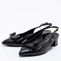 Pre Owned Chanel Black Leather and Patent Bow Slingback Pumps Size 36