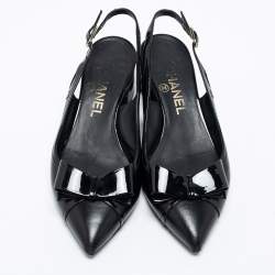 Pre Owned Chanel Black Leather and Patent Bow Slingback Pumps Size 36